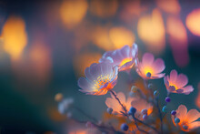 Illustration Of Wild Flowers Against Soft Light With Bokeh, Selective Focused