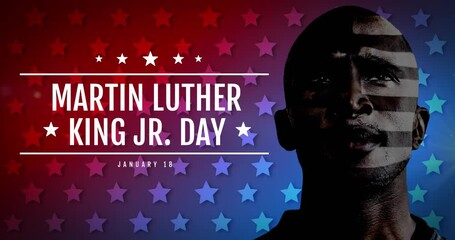 Poster - Animation of martin luther king day text over stars and african american man