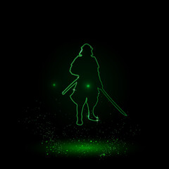 Poster - A large green outline samurai symbol on the center. Green Neon style. Neon color with shiny stars. Vector illustration on black background