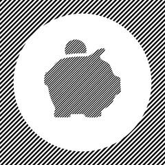 Poster - A large piggy bank symbol in the center as a hatch of black lines on a white circle. Interlaced effect. Seamless pattern with striped black and white diagonal slanted lines