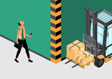 Fototapeta  - Forklift safety. Blind spot hazard. Isometric illustration with a forklift and a worker just before a possible accident. Vector.