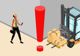 Fototapeta  - Forklift safety. Blind spot hazard. Isometric illustration with a forklift and a worker just before a possible accident. Vector.