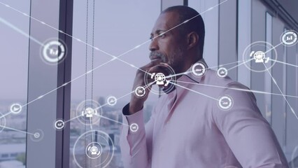 Poster - Animation of media icons over african american businessman in office