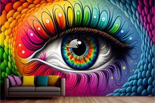  A Colorful Eye Painted On A Wall In A Living Room With A Couch And A Painting On The Wall.