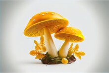  A Group Of Mushrooms With Yellow Leaves On Them And A White Background With A Blue Border Around Them.