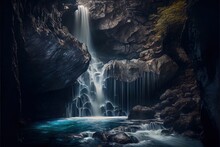  A Waterfall With A Waterfall Cascading Over It's Sides In A Cave With Blue Water And Rocks.