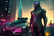 Leather suited sports car driver with helmet stands in front of hyper modern futuristic concept street racing car