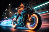 Fototapeta  - Moto racer speeding through streets on neon motorcycle. Burning speed motion driving.