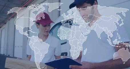 Poster - Animation of world map over caucasian deliverers talking and smiling
