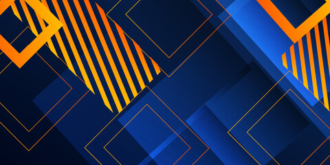 Minimal abstract geometric background. Dynamic blue shapes composition with orange lines.