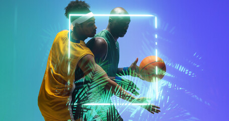 Sticker - African american players defending basketball ball from opponent by illuminated circle and plants