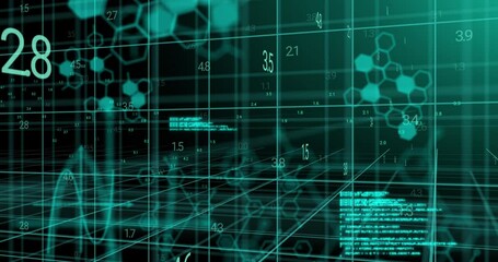 Animation of layers of processing data and coding moving over 3d grid on black background