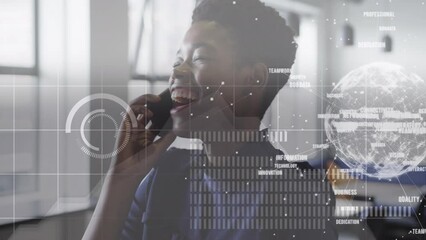 Poster - Animation of global network and data over happy african american busineswoman using phone in office