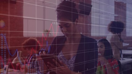 Poster - Animation of graphs processing data over biracial businesswoman using tablet in office
