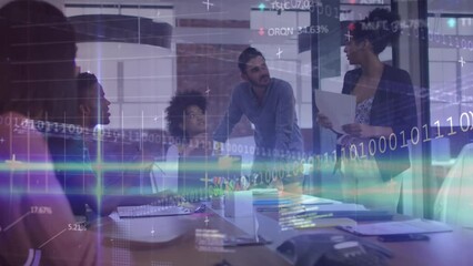 Poster - Animation of processing data over happy diverse business colleagues in office meeting
