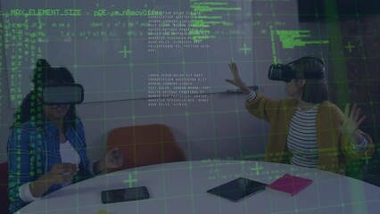 Poster - Animation of processing data over two diverse businesswomen using vr headsets in office
