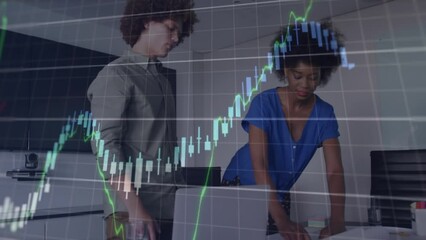 Poster - Animation of graph processing data over diverse male and female colleagues talking in office