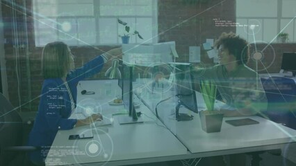 Poster - Animation of network exchanging data over diverse man and woman passing document over desk in office