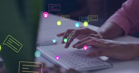Poster - Animation of chat message icons over hands of woman using computer keyboard