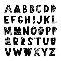 Wall Mural - Scandinavian vector alphabet for kids. Hand drawn graphic font. For typography poster, card, label, brochure, flyer, page, banner design. ABC. Cartoon alphabet.