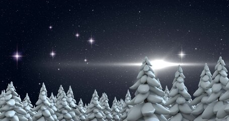 Poster - Animation of winter scenery with fir tress, glowing star and snow falling on dark blue background