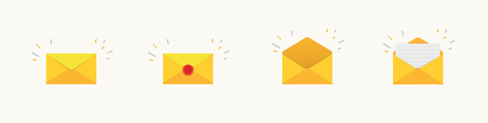 Opened and closed envelope with note paper card. Mail icon. Vector illustration. 10 Eps.