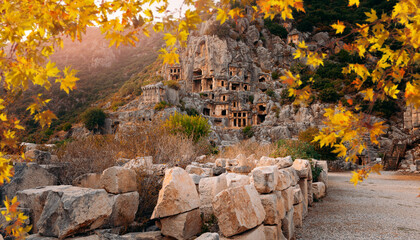Canvas Print - Old monuments Myra Ancient City in Demre to Antalya, archaeology. Banner travel concetpt of Turkey autumn