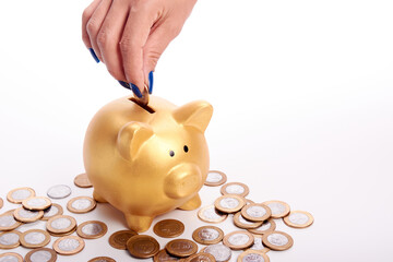 Wall Mural - Woman's hand putting coins  Brazilian money into piggy bank