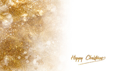 Wall Mural - golden glittering christmas card. festive background of shiny shimmering sparkles over white with co