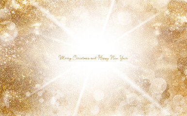 Wall Mural - golden christmas background with sparkling and twinkling bokeh. greeting card with shiny shimmering 