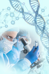 Wall Mural - scientist holding vaccine bottle in hand in modern clinical laboratory with microscope