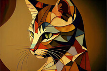 Cat Abstract Art, Picasso Cat, Kitty Posing For Portrait  Painting,generative Ai	