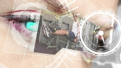 Poster - Animation of clock and data processing and people exercising at gym over eye of caucasian woman