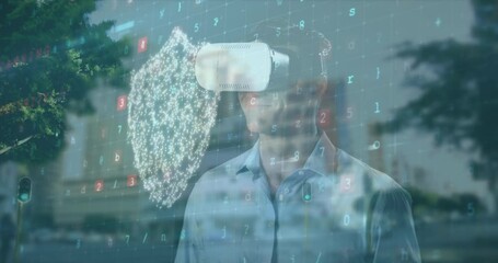 Poster - Animation of cyber attack warning with caucasian man using vr headset over cityscape