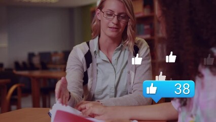 Poster - Animation of social media icons with number over diverse people reading in library
