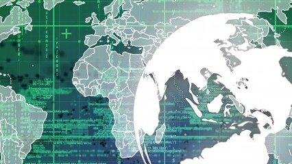 Poster - Animation of data processing over globe and world map on black background