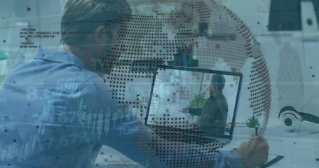 Poster - Animation of data processing and globe over caucasian businessman using laptop