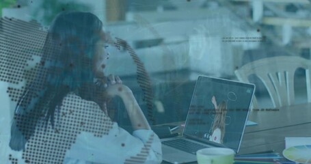 Poster - Animation of data processing and globe over biracial businesswoman using laptop
