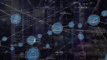 Poster - Animation of network of connections with icons and data processing over server room