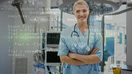 Poster - Animation of data processing over caucasian female doctor
