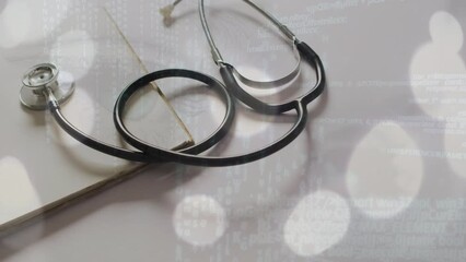 Poster - Animation of light spots and data processing over stethoscope and notebook on white background