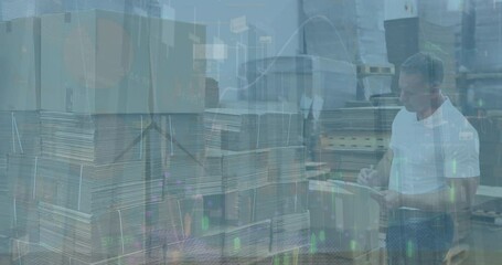 Poster - Animation of financial data processing and wind turbine over caucasian businessman