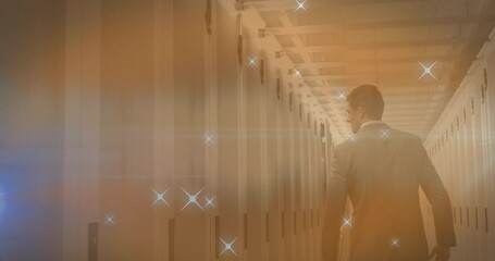 Poster - Animation of stars over caucasian businessman in server room