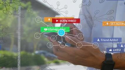 Sticker - Animation of network of connections with icons and texts over biracial man using smartphone