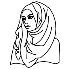 Young Arab woman with beautiful face in traditional fashion hijab head wear. Hand drawn isolated illustration. Line style comics cartoon drawing. 