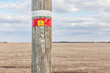 © JJ Gouin - Inspection tag on electric utility power pole. Electrical grid safety, maintenance, repair and infrastructure concept.