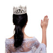 Back side view Portrait of Miss Pageant Beauty Contest woman black hair in white lace Evening Ball Gown long dress with sparkle light Diamond Crown, studio lighting yellow beige backgrounds