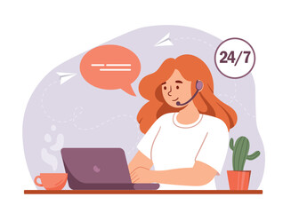 Poster - online technical support. woman in headphones sits at laptop. young girl answering customer question