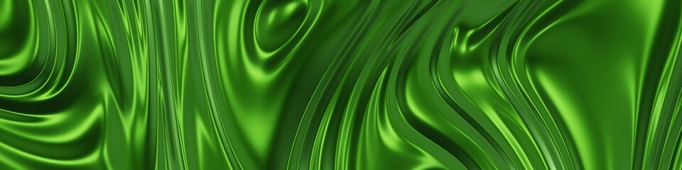 Poster - Wide silk green wavy banner background with glossy finish. 3D Rendering.