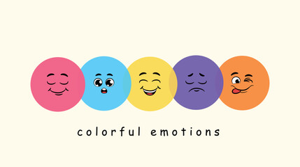 Colorful emotions set. Collection of graphic elements for website, poster or banner. Positivity and optimism, emoji for social networks and instant messengers. Cartoon flat vector illustration
